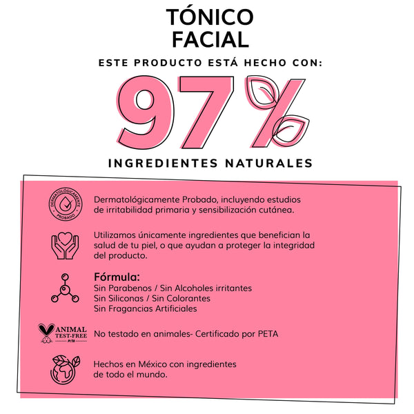 Tónico Facial con Agua de Rosas + Vitamina B5 + Niacinamida - Sin Fragancia - Sin Alcohol Etílico - 97% Ingredientes Naturales - 350ml (Mayoreo)