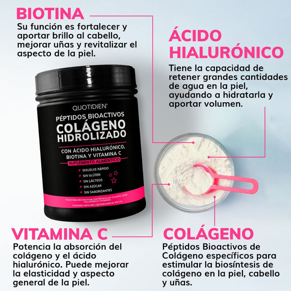 Péptidos Bioactivos de Colágeno Hidrolizado + Ácido Hialurónico + Biotina + Vitamina C - Disuelve rápido-Sin Sabor- 500g (Mayoreo)