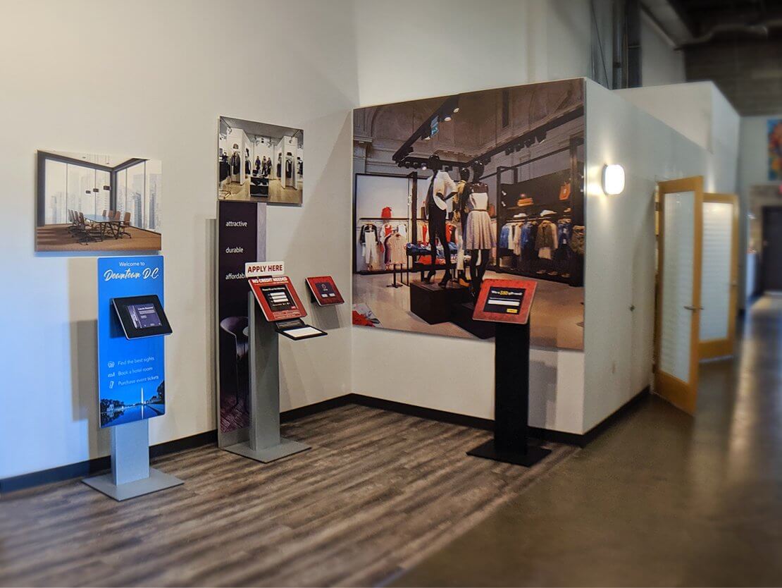 A photo of our office featuring a showcase of our kiosk enclosures.