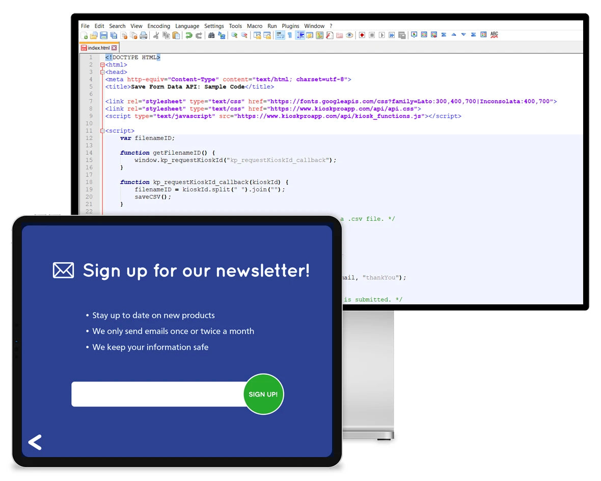 An iPad displaying an email sign up form in front of a computer displaying JavaScript code.