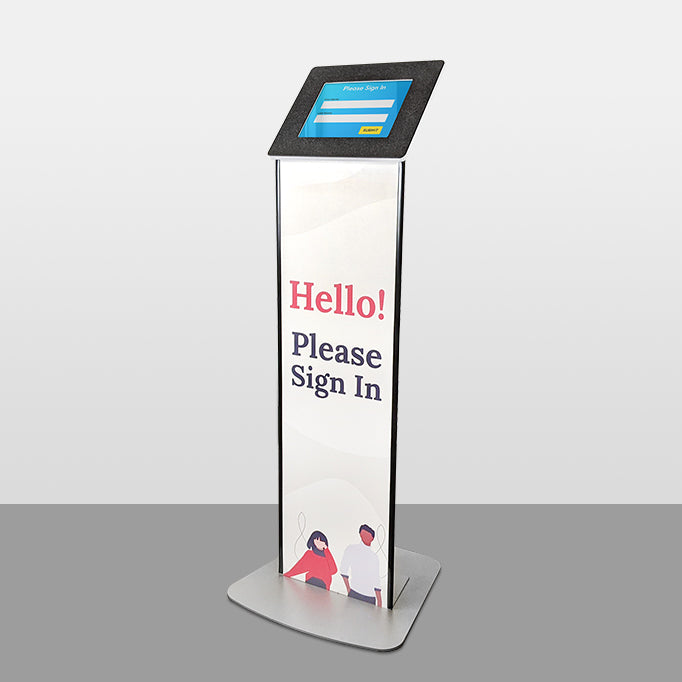 A freestanding kiosk with a large graphic body for attracting and informing visitors.