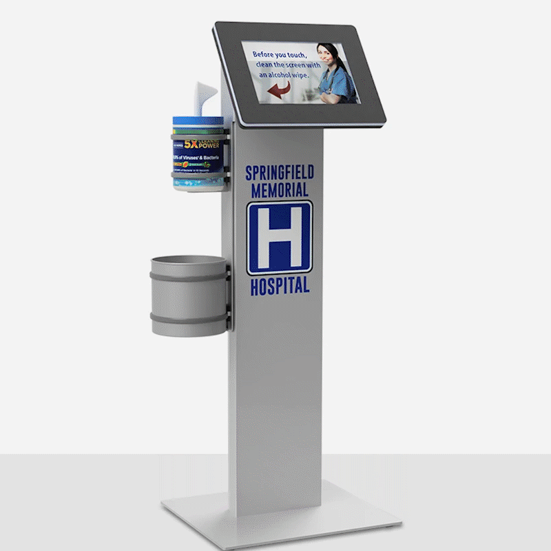 Kiosks with scanners, card readers, and branding.