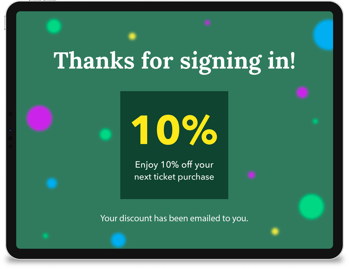 An iPad displaying a 'thank you' screen with a coupon for 10% off.