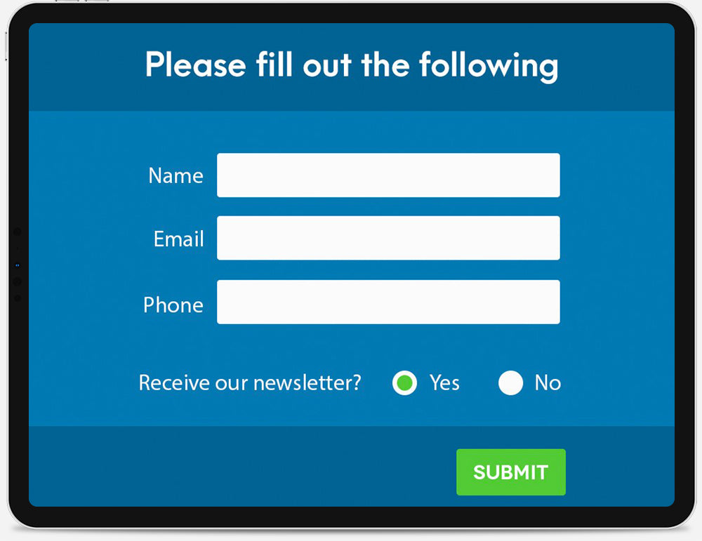 An iPad displaying a newsletter sign-up form.