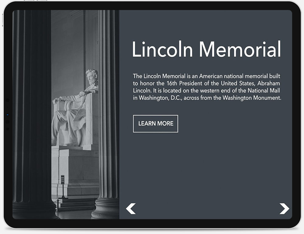An iPad displaying an information page about the Lincoln Memorial.
