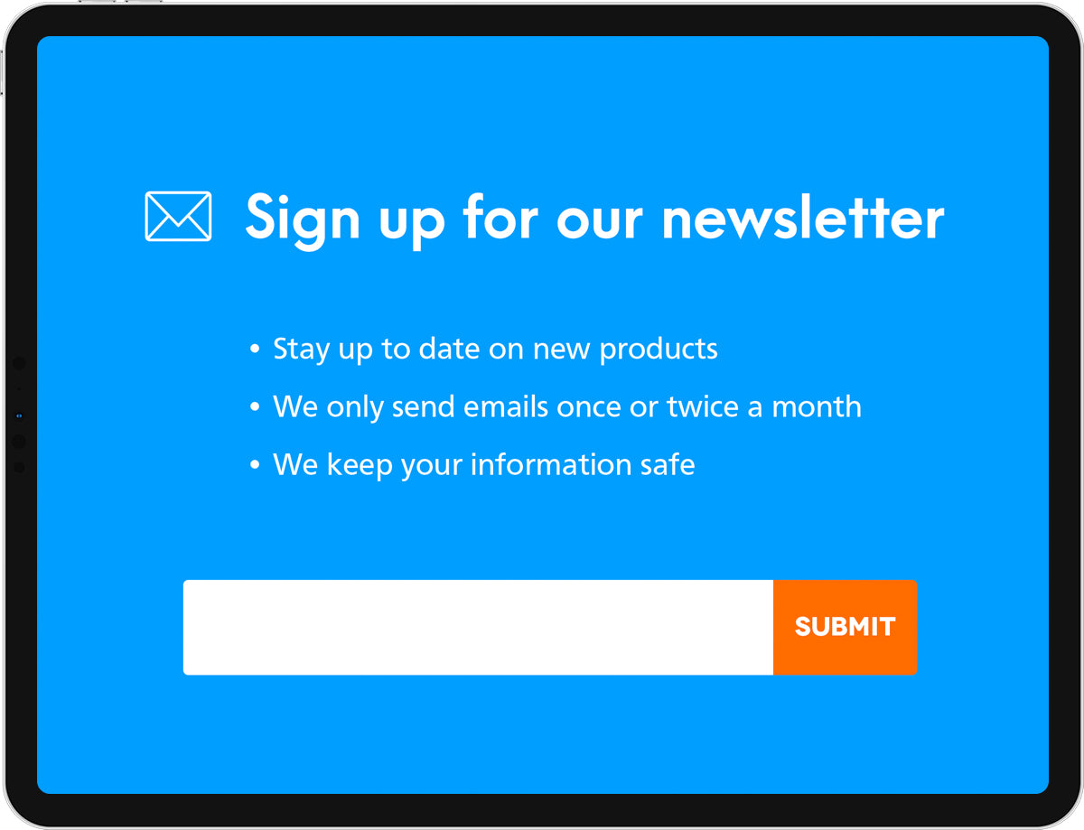 An iPad displaying a newsletter sign up form.