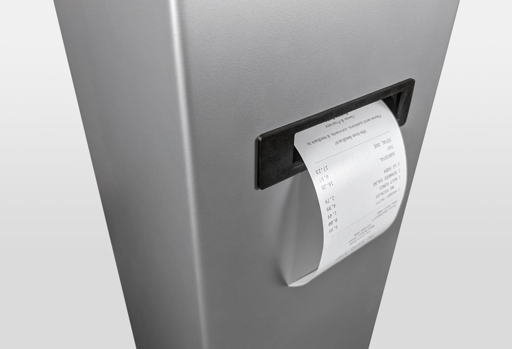 A printed receipt exits from a slot in the front of the kiosk.