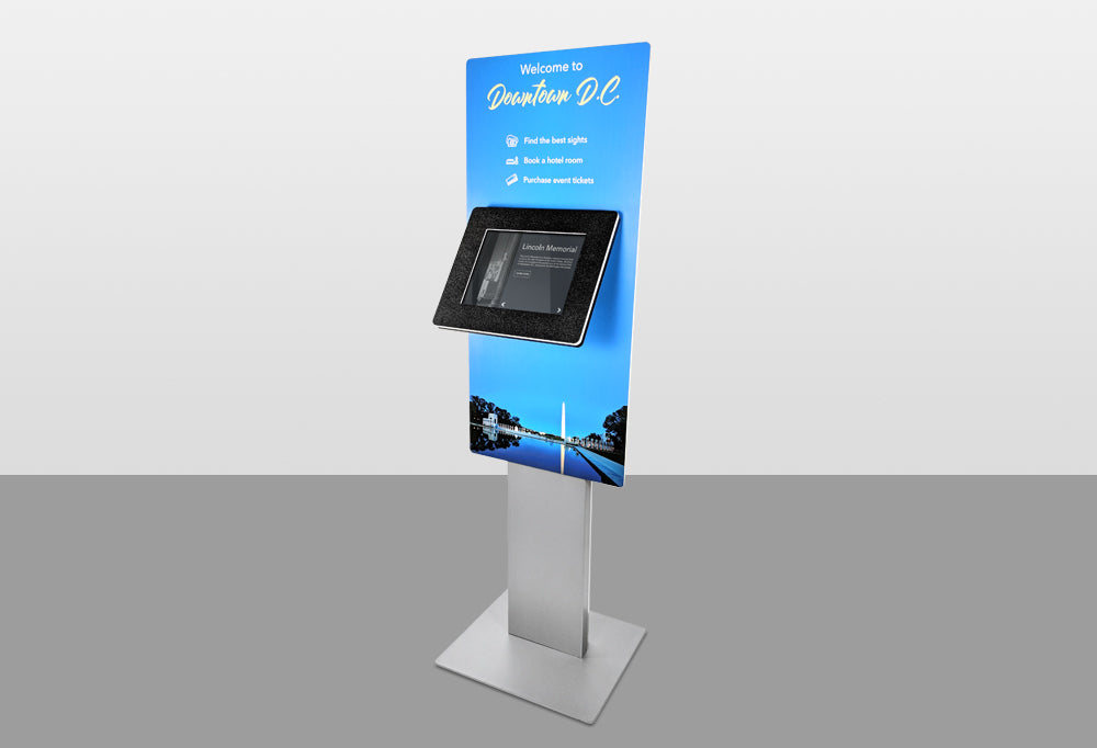 A Standalone kiosk with a Large Graphic Panel. The signage offers information above and below the tablet screen.