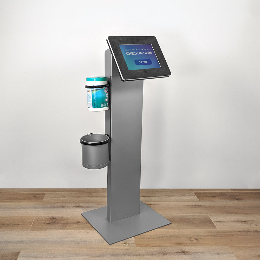 A standalone kiosk with a sanitizer wipe holder.