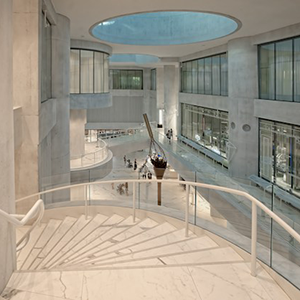 Hospital lobby with a self-service patient check-in kiosk.