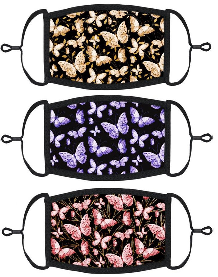3 PACK ADULT SIZE - Butterflies Face Masks - Washable & Reusable - IN STOCK