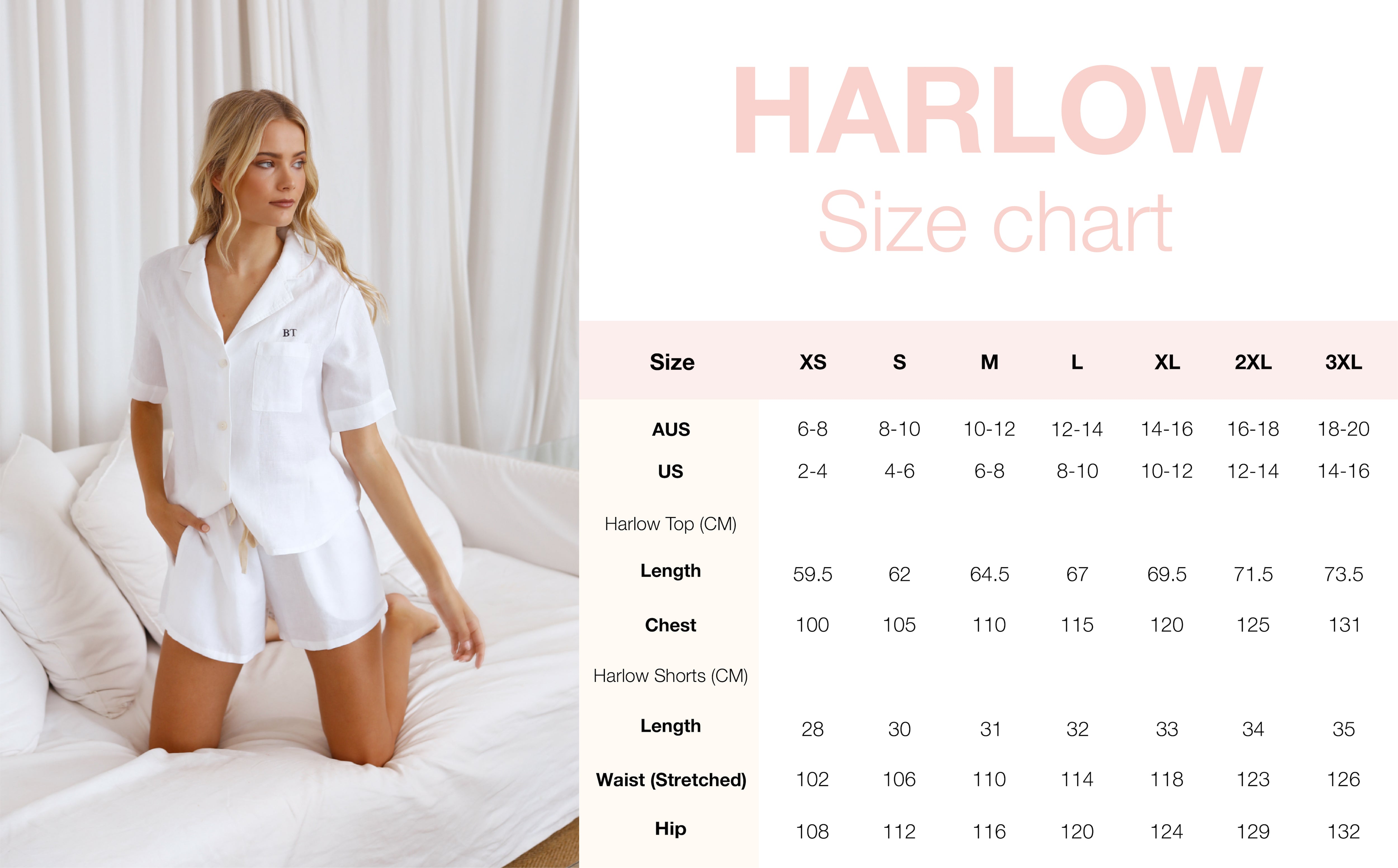 This displays the sizing guide of our Harlow linen set, ranging from size 6 to size 20.