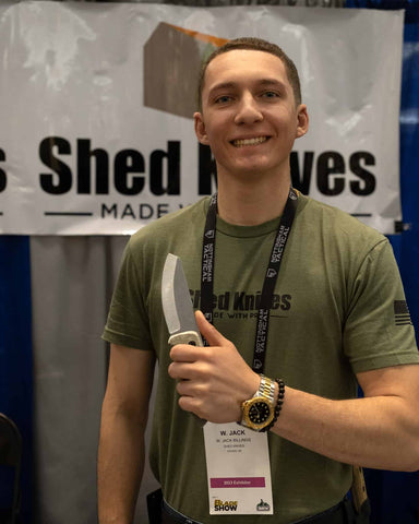 CEO & Founder, Jack Billings, holding the 2023 Shed Knives Sheepsfoot in OD Green G-10. Photo credit to Nothing But Knives