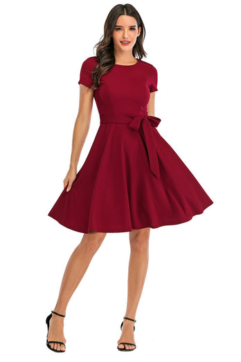 Burgundy Solid 1950s Dress