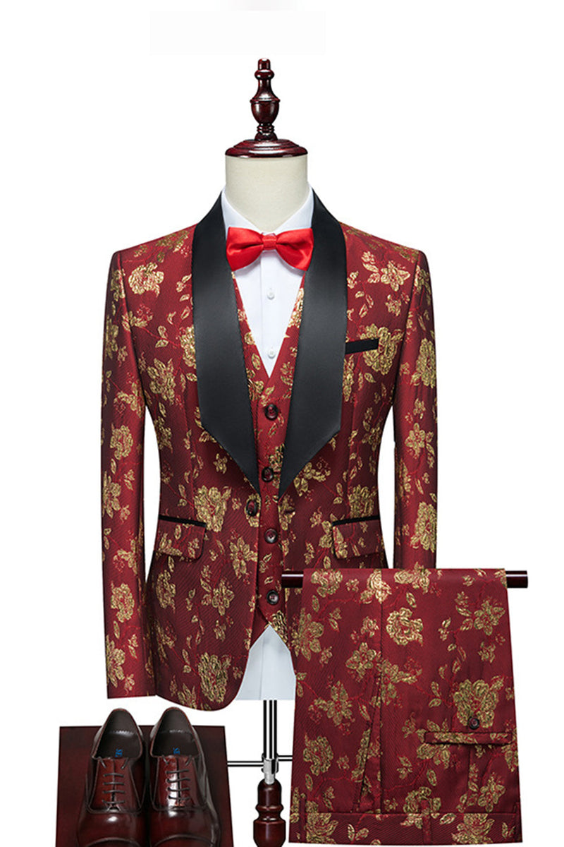 Zapaka Red Jacquard Shawl Lapel 3 Pieces Men's Suits – ZAPAKA UK