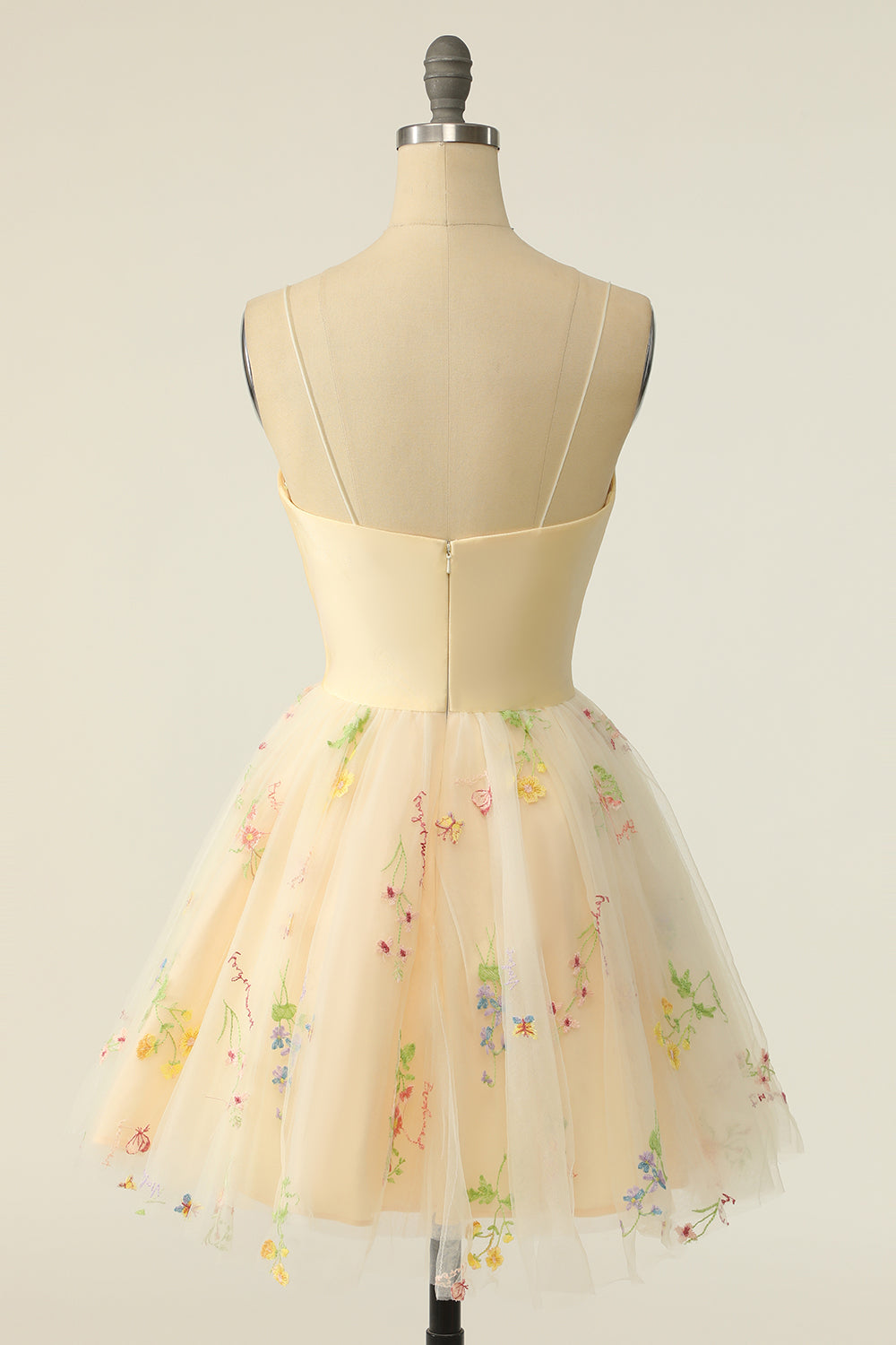 Champagne Tulle A-line Graduation Dress with Embroidery