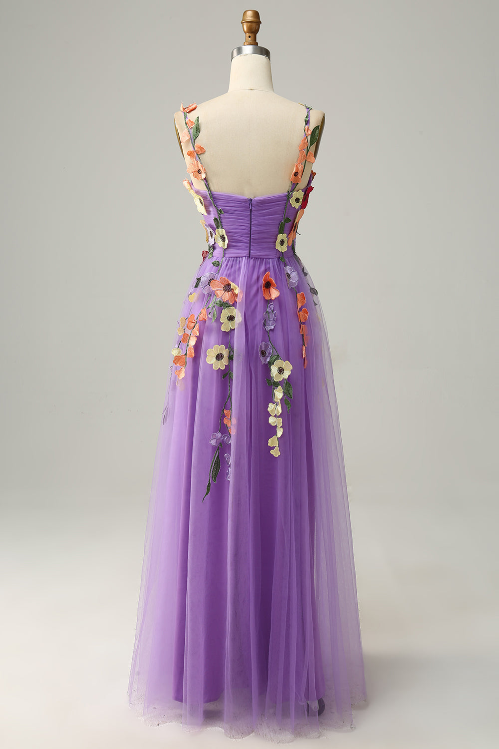 A Line Purple Spaghetti Straps Prom Dress With 3D Flowers