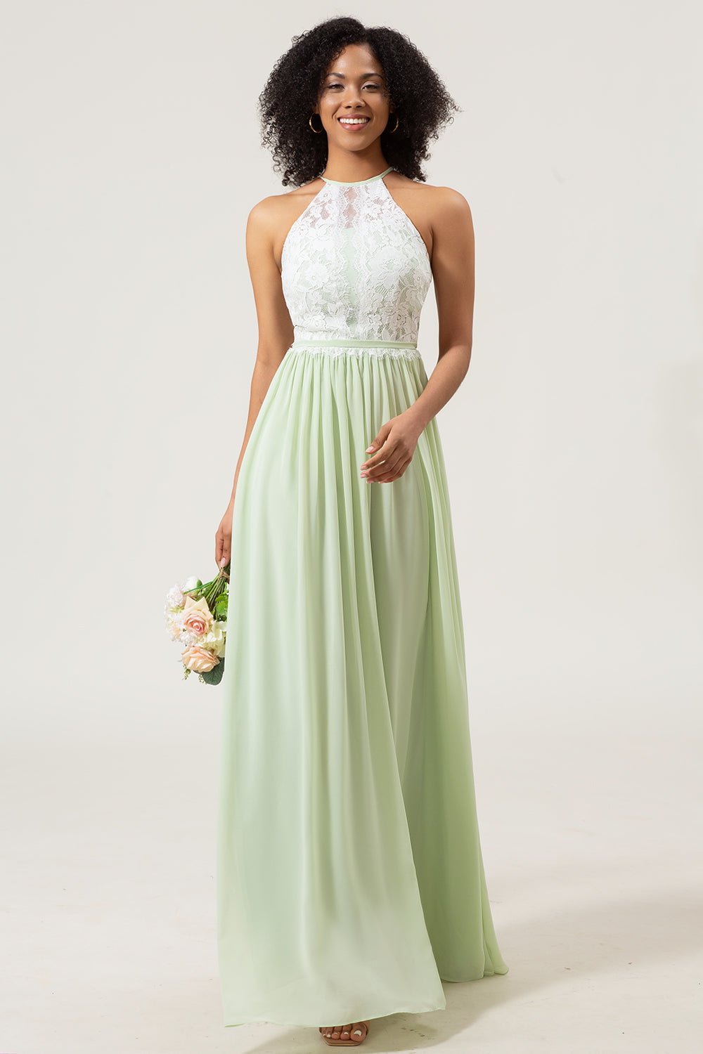 A-Line Halter Neck Dusty Sage Lace and Chiffon Long Bridesmaid Dress