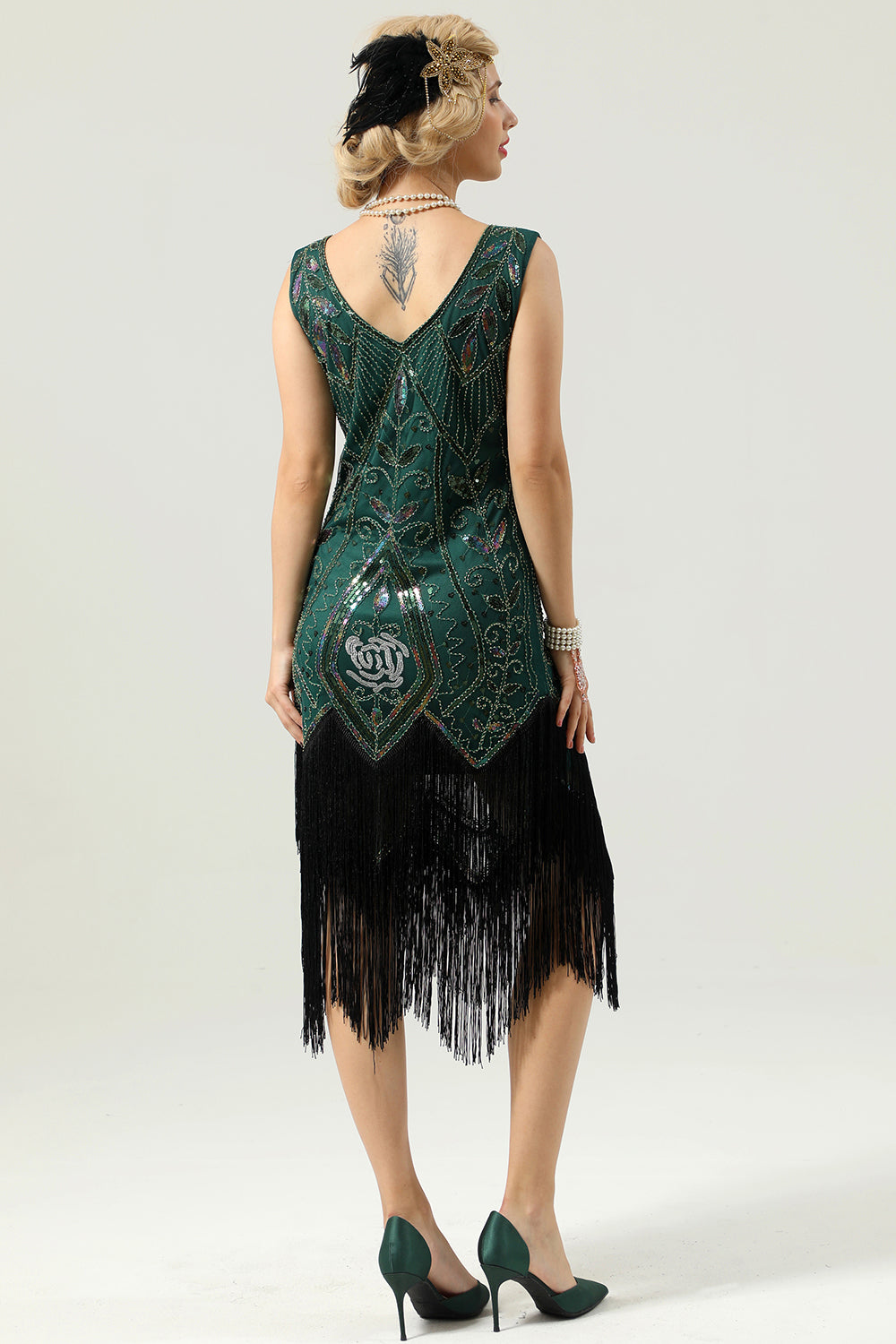 Black Sequins V-neck Glitter Fringe 1920s Dress