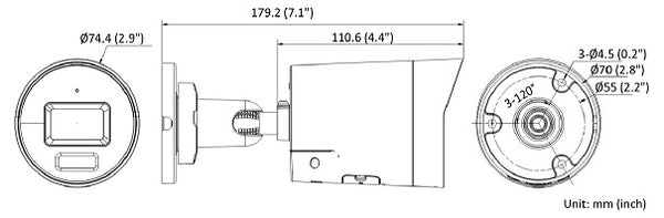 Image showing dimensions o the Hikvision ColorVu DS-2CD2067G2-LU Mini-Bullet Camera