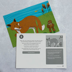 Two pages from the gingerbread man. One showing the illustration of the fox and the gingerbread man, the other showing the back of the page with the story, small illustration and story prompts