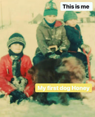 Me and my siblings when we were children, playing in the snow with our dog Honey. 