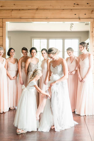 Bride with flower girl wearing ivory color classic style Annabelle dress Ana Balahan