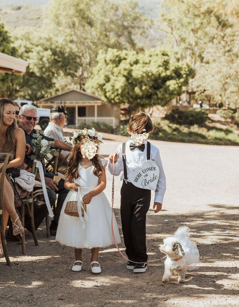 Ana Balahan Mid Length Ivory Flower Girl Dress with Page Boy and Dog