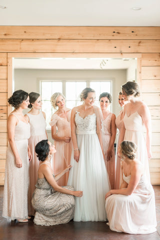 Bride and Bridesmaids in blush color unique style dresses virginia wedding