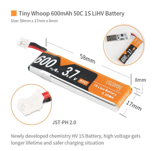 Crazepony 600mAh 1S 3.7V LiPo Battery 50C JST-PH 2.0