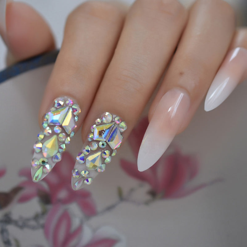 Ombre French Tip Stiletto Rhinestone Nails – SB Lux