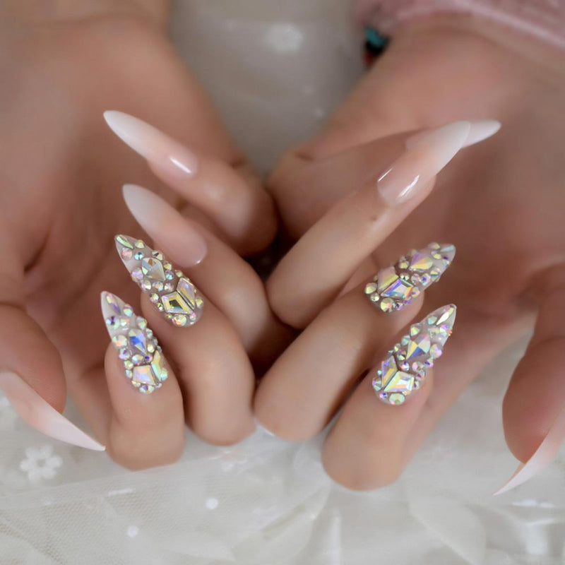 Ombre French Tip Stiletto Rhinestone Nails – SB Lux