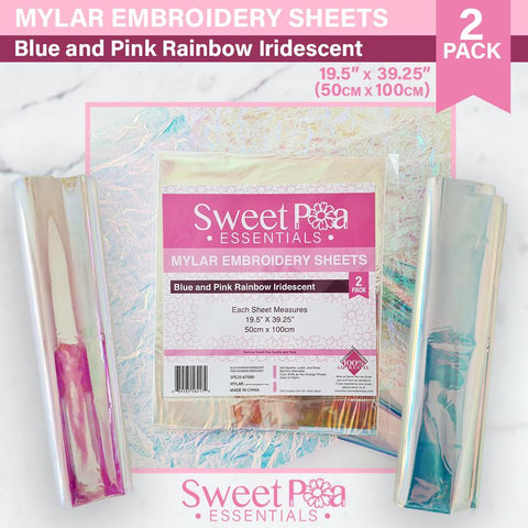 Our iridescent Sweet Pea Essentials Mylar Sheets are perfect for all of your craft, art and machine embroidery projects. The pink and blue rainbow iridescence adds visual interest, sparkle, glitz and shine to your appliqué and machine embroidery projects.