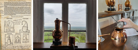 16th-century illustration of stills, copper still at Castle Gin School with view of Edgehill through the window, pouring botanicals into a still