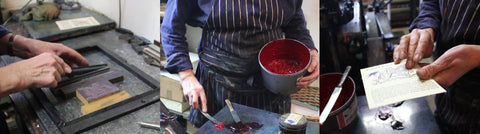 Start of the process, type and relief blocks are locked into an iron frame. The ink is mixed by hand and tested.