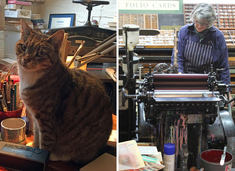 Wilbur (Tabby cat) and Louisa Hare First Folio Cards with her Heidleberg Platen letterpress
