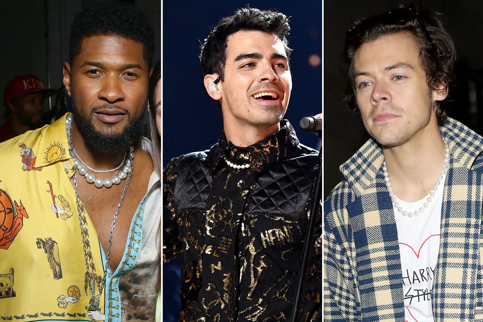 Photos of Usher, Joe Jonas, and Harry Styles wearing pearl necklaces