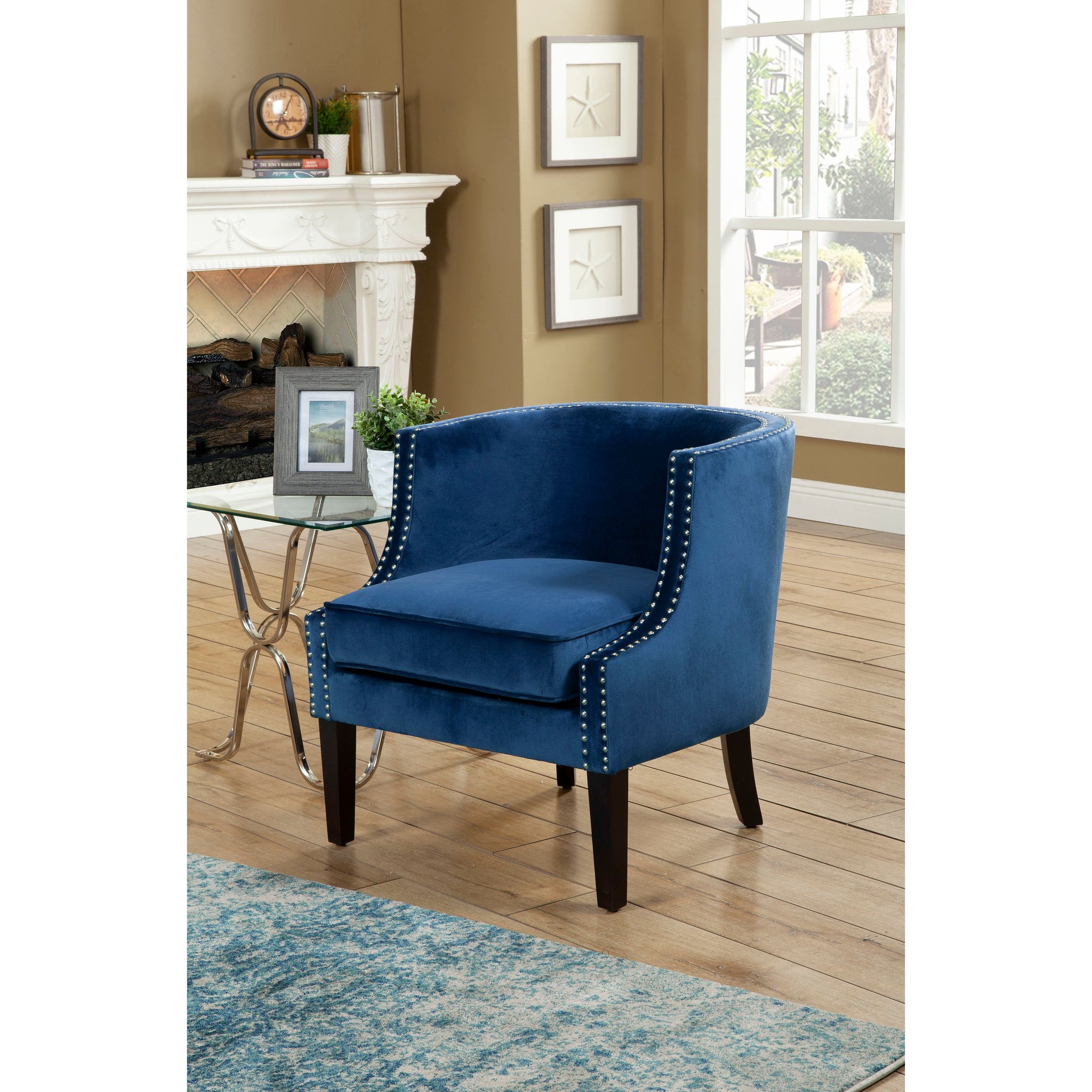 blue accent chair with nailhead trim