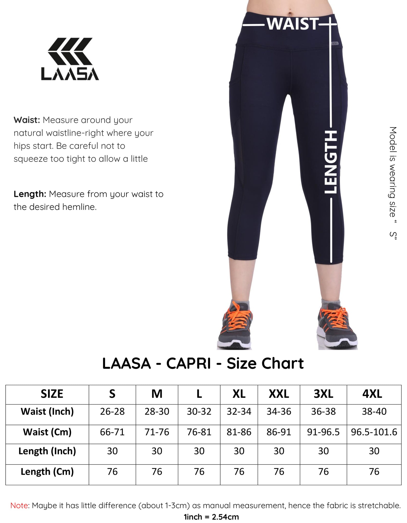 women three fourth capri pants size chart online buy at laasasports.com