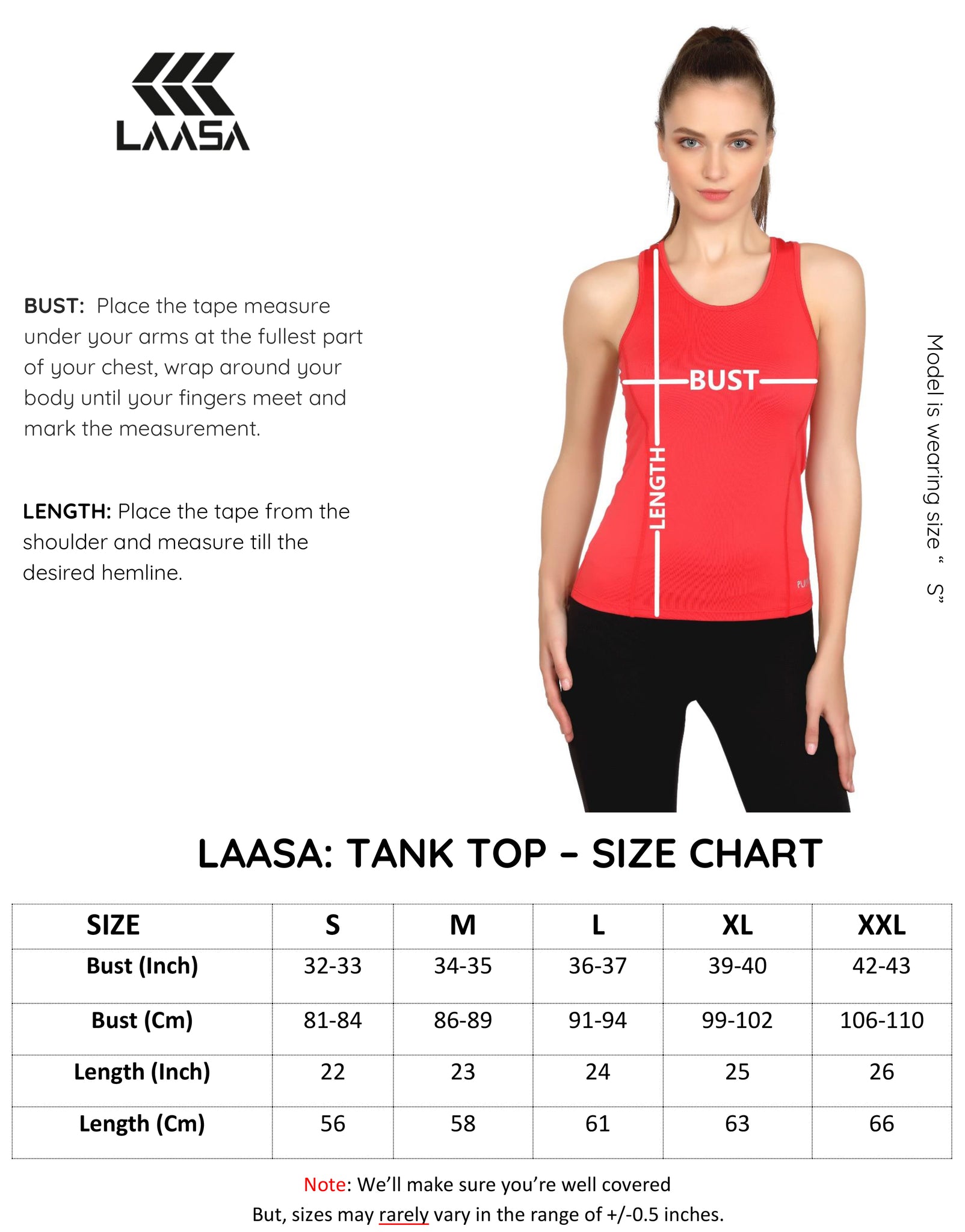 Women tank top size chart of chest and length