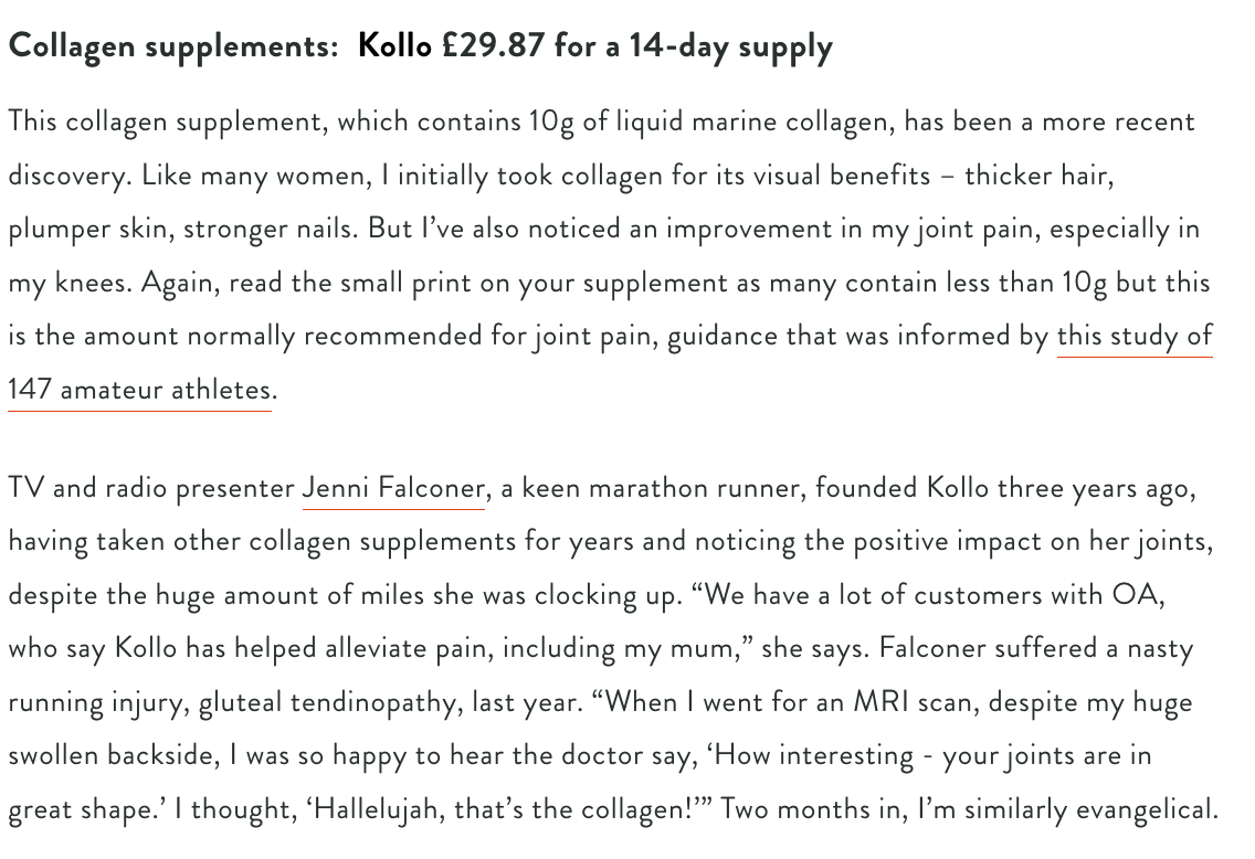 Collagen supplements:  Kollo £29.87 for a 14-day supply