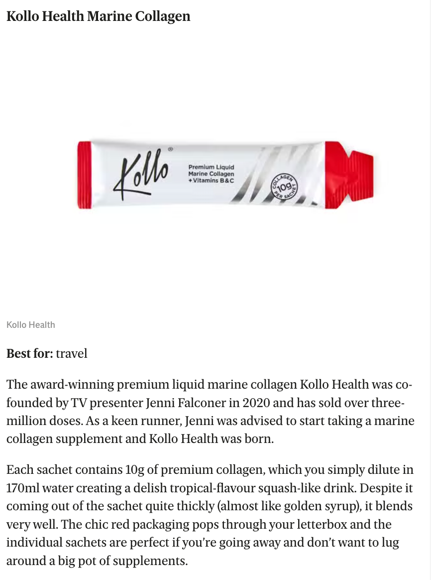Evening Standard, May 2023 - Best marine collagen supplements, tried and tested, Kollo Health best for travel