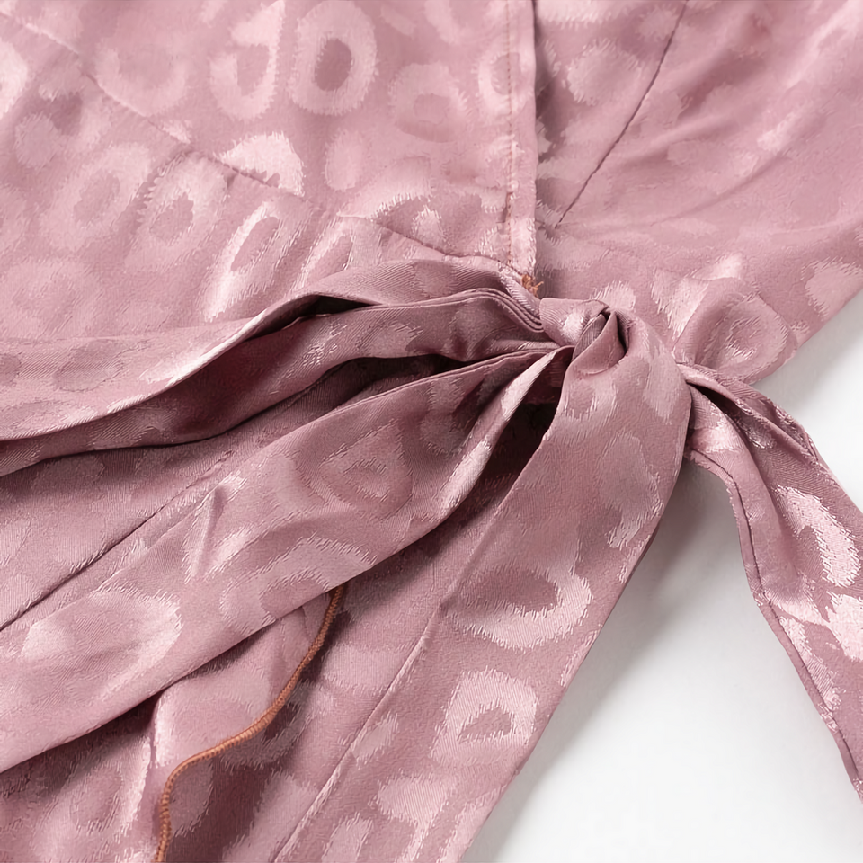 pink satin leopard print wrap dress