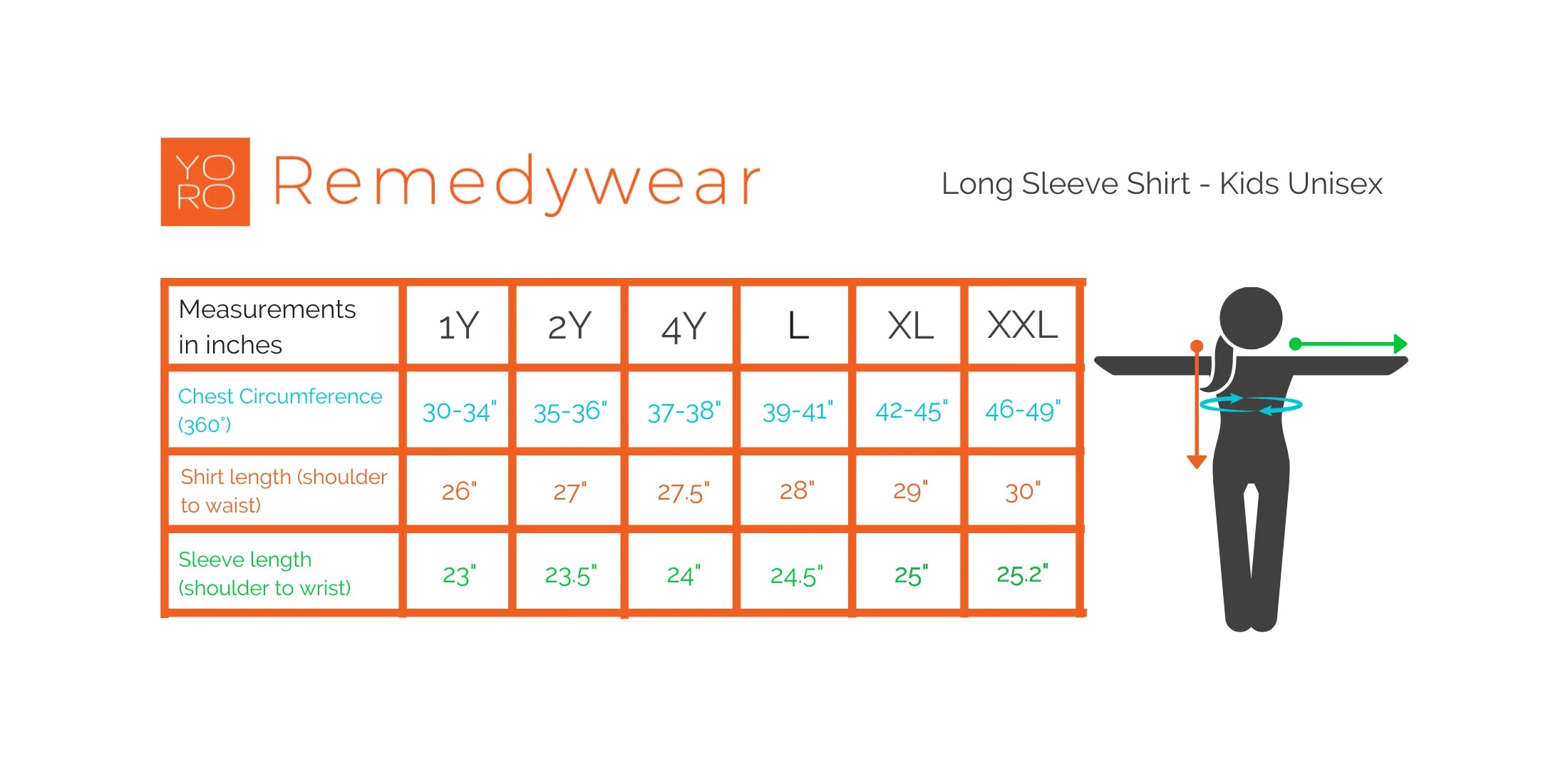 Remedywear Kids Long Sleeve - Sizing Guide