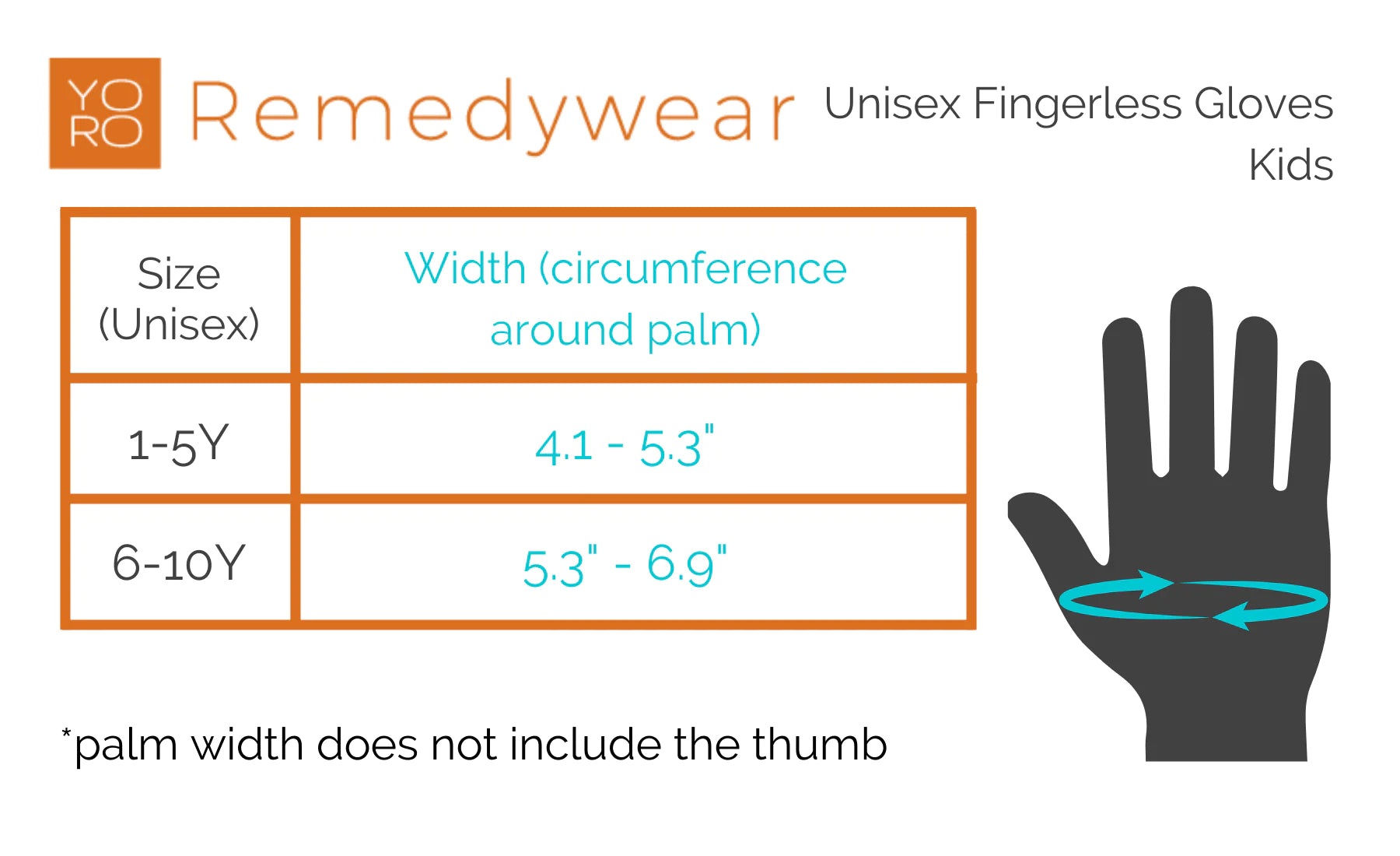 Remedywear Kid Fingerless Gloves - Sizing Guide