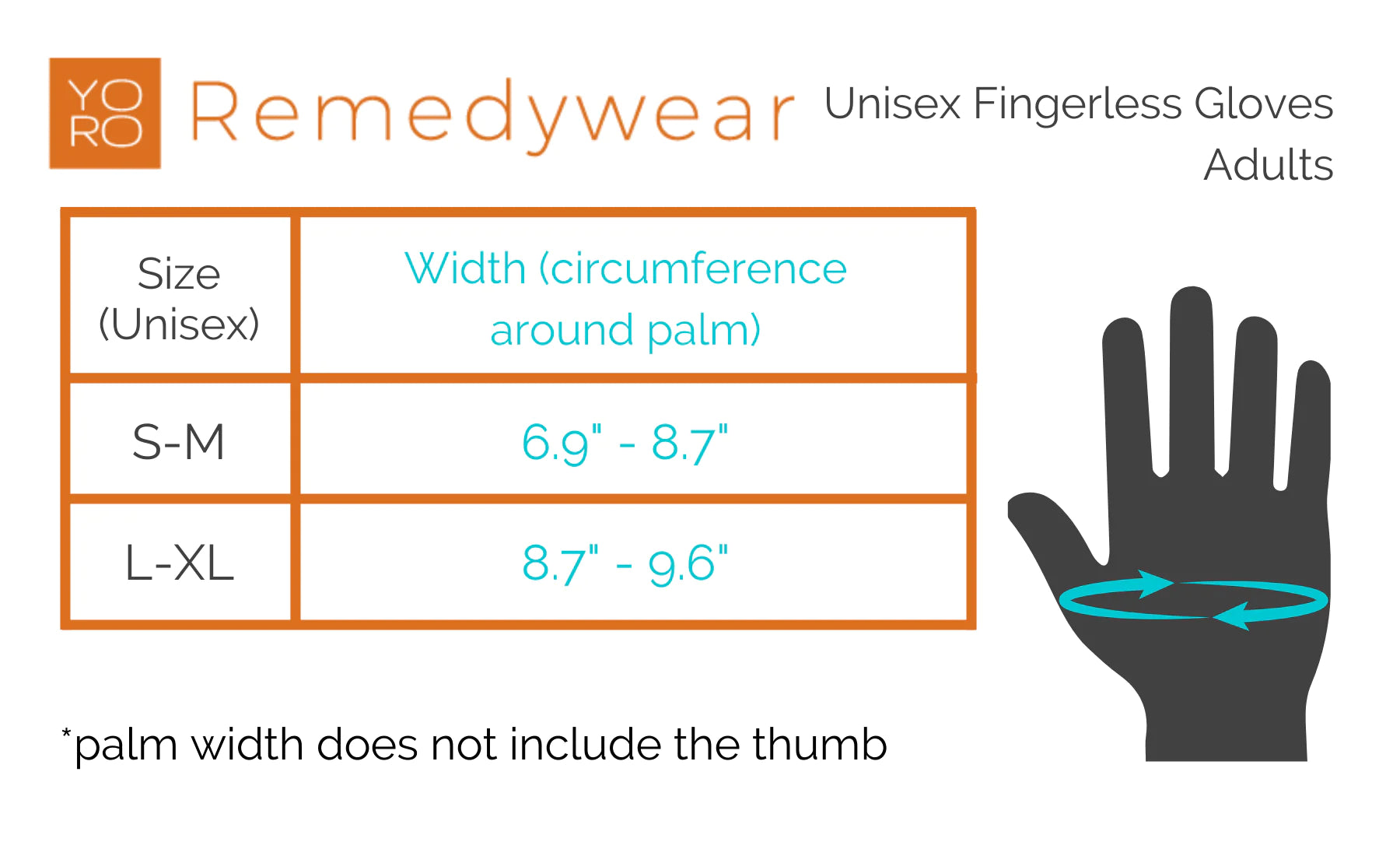 Remedywear Fingerless Adult Gloves - Sizing Guide