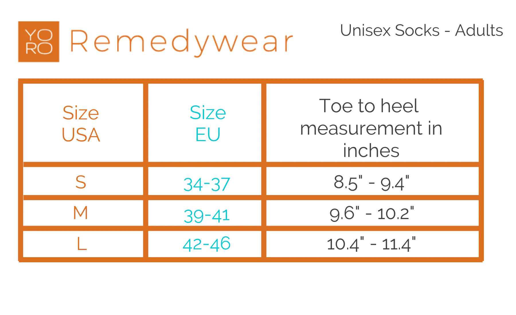 Remedywear Adults Socks - Sizing Guide