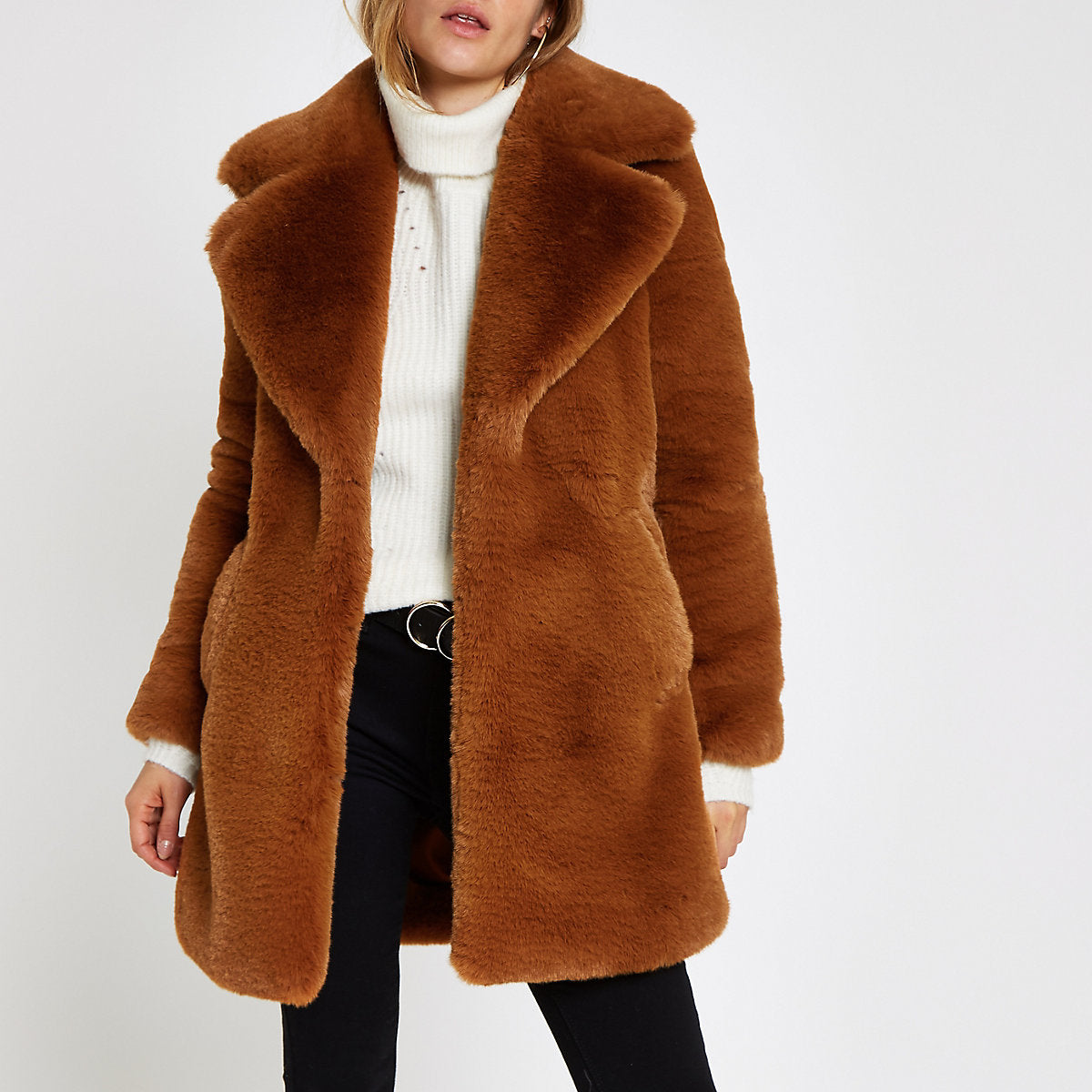 Brown faux fur longline coat– midas-theme