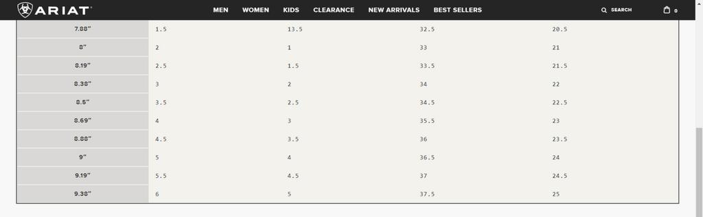 Ariat Kids Boot Size Chart