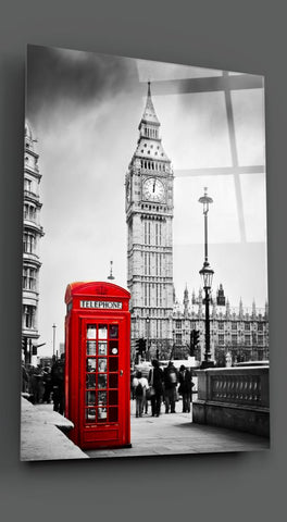 Tableau en verre - Londres, Cabine téléphonique et Big Ben (Tour Grande Cloche)